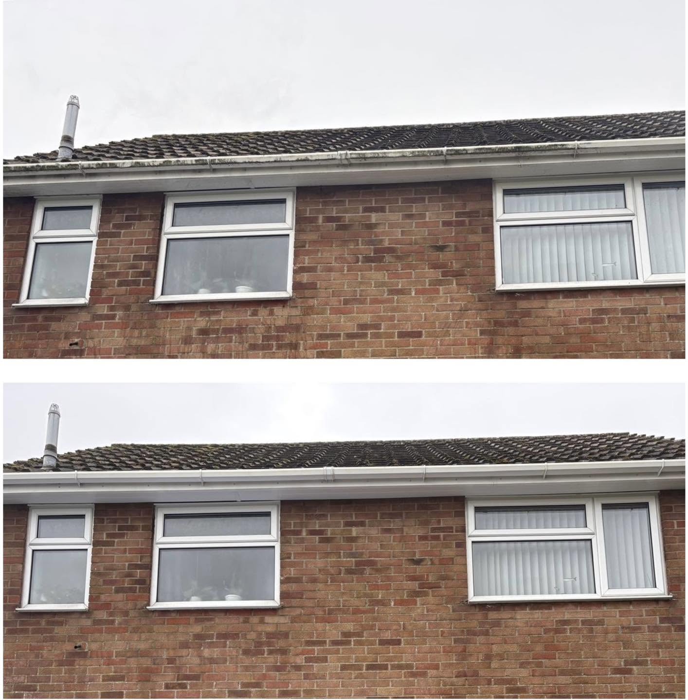 Bungalow fascia and gutter before cleaning (top) and after (bottom)
