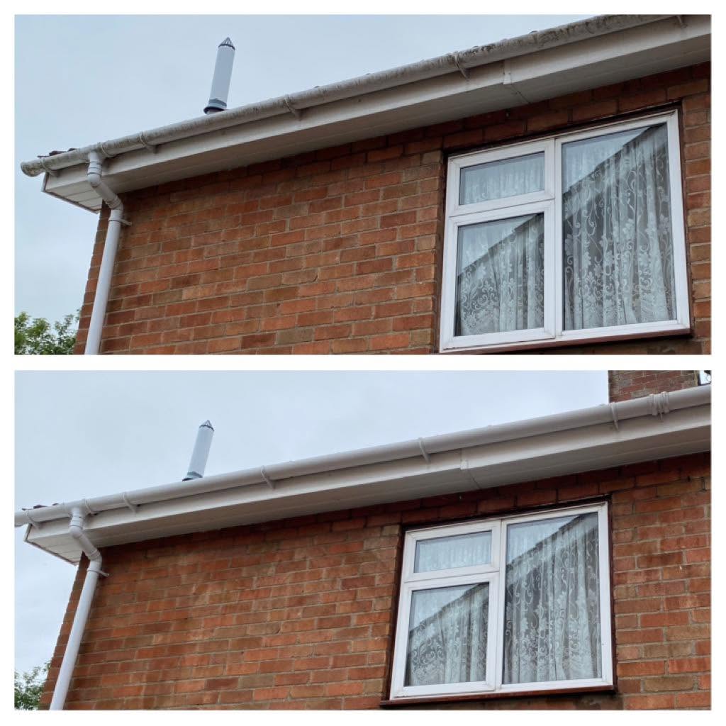 House fascia and soffit before cleaning (top) and after (bottom)
