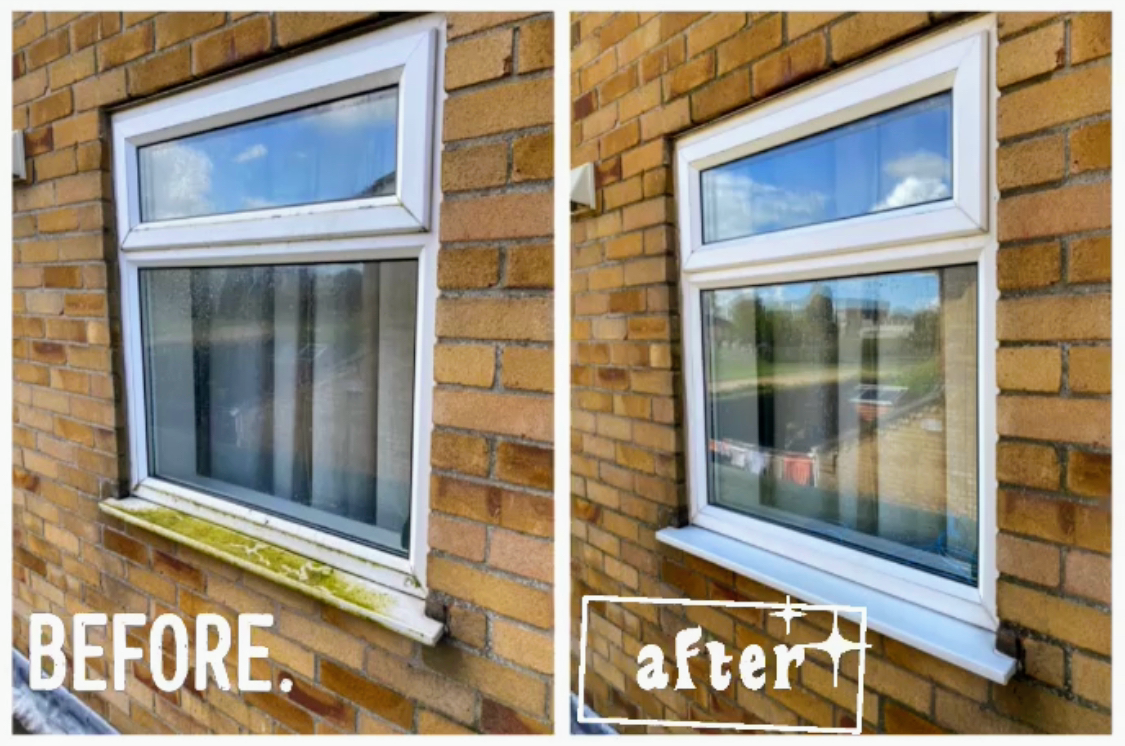 A window before cleaning with a mossy sill, and the same window after, gleaming